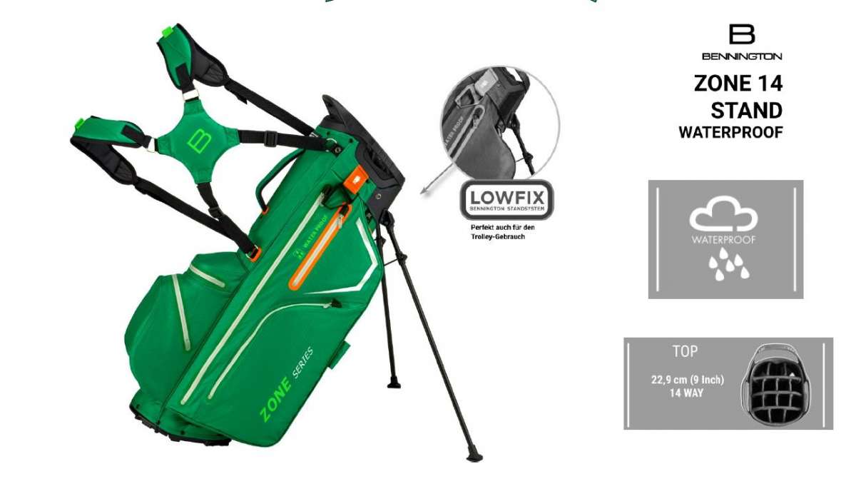 "2024 Aktion" Bennington Zone 14 Waterproof Standbag (BRITISH GREEN / SILVER)  Bennington Golf   